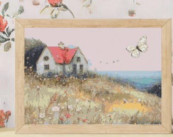 Peaceful Coastal Meadow Butterfly Cross Stitch Pattern Seaside Cottage Landscape Wall Art  (PDF) 14 ct