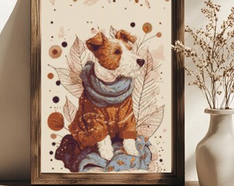 Cozy Autumn Dog Cross Stitch Pattern Fall Woodland Puppy Wall Art Sampler (PDF) 14 ct