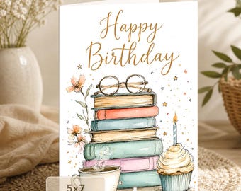 Book Lover Birthday Card: Books Coffee and Cupcake (5x7 Digital Download)