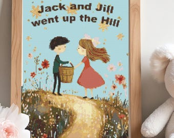 Jack and Jill Nursery Rhyme Cross Stitch Pattern Vintage Kids Storybook Wall Art PDF 14 Count