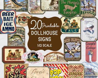 Dollhouse Wall Signs Printable Set of 20 for 1:12 Scale, Hunting Fishing Patriotic College Tavern Valentine Bless Our Home Decor PDF