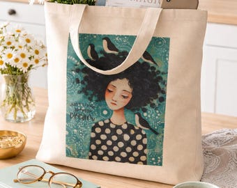 Whimsical Bird Girl Art Tote Bag, Literary Boho Cotton Canvas Bag
