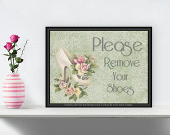 Printable Please Remove Your Shoes Cross Stitch Pattern Pink Roses 020g