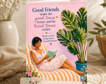Friendship Greeting Card, Reading Woman, Tropical Greenery, Blush Pink Florals (Digital Download)