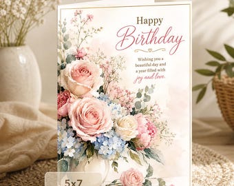 Elegant Floral Birthday Card: Pink Roses and Flowers (5x7 Digital Download)