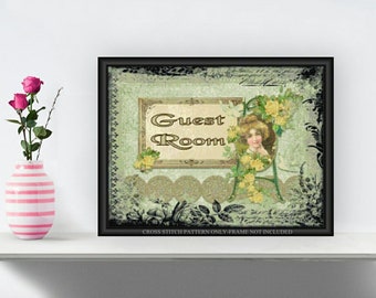 Victorian Guest Room Printable Cross Stitch Pattern Yellow Roses 013f