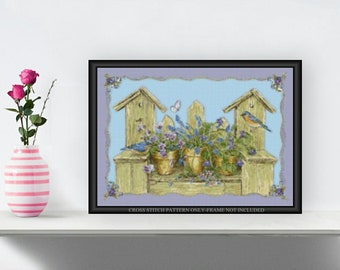 Garden Bench Printable Cross Stitch Pattern 182 Flowers and Birds