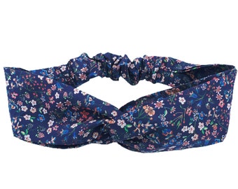 retro in foxglove floral pink purple blue flowers Liberty of London print Bow head tie and headband