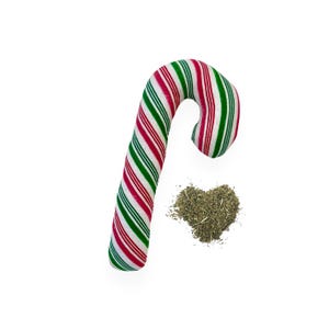 Pode incluir: Um bast&atilde;o de caramelo vermelho e verde listrado com um monte de ervas secas em forma de cora&ccedil;&atilde;o na frente.