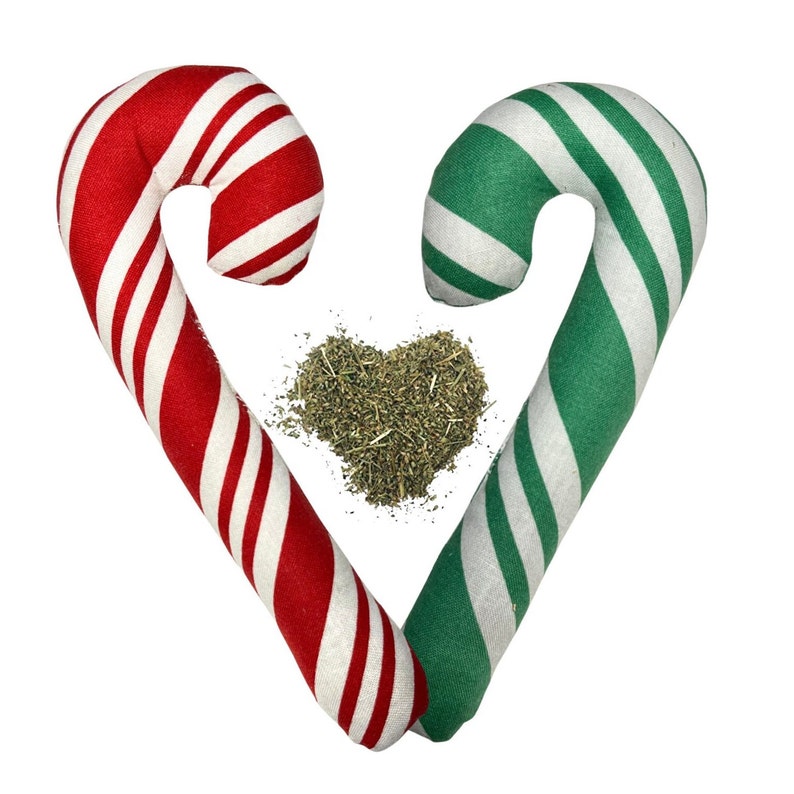 Candy cane catnip cat toys. Red stripes and green striped stuffed candy cane shaped cat kicker toys. Christmas gift for cat lovers. Best gift for cat lover friends