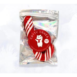 Pode incluir: Um brinquedo de erva-dos-gatos em forma de bengala de caramelo vermelho e branco com um gato branco usando uma echarpe vermelha em um c&iacute;rculo vermelho com o texto "Catty Canes" e "Madison Made Candy Canes".