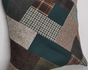 Kissenhülle aus reiner Wolle Tartan Patchwork grün braun