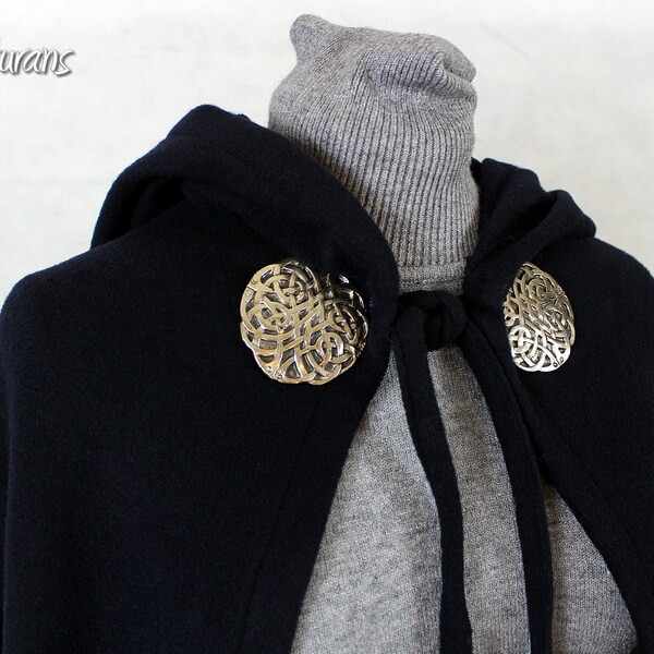 Pure Italian Wool Handmade Dark Navy Blue Celtic Medieval Pagan Hooded Silver Clasps Cape Cloak - Ready to Ship