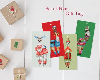 Alpaca Christmas Gift Tags, Set of 4, both sides printed