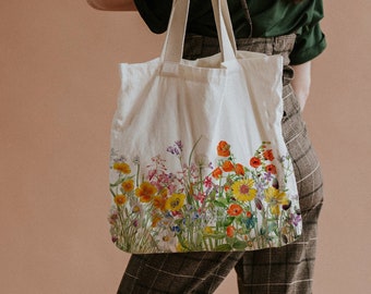 Wild Flower Field Floral Illustration - Sac fourre-tout en toile de magasinage réutilisable