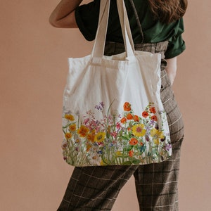 Wild Flower Field Floral Illustration  - Reuseable Shopping Canvas Tote Bag