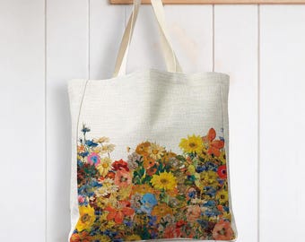 Vincent Van Gogh Sunflowers Flower Mix up Painting Reusable Shopping Linen Look Tote Bag
