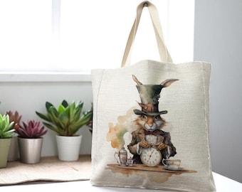 Alice In Wonderland March Hare White Rabbit Tea Party Stop Watch - Reusable Shopping Linen Look Tote Bag