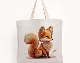 Cute Cartoon Fox Tote Bag – Personalised Woodland Animal Linen-Look Reusable Shopping Bag – Cute Animated Fox Gift