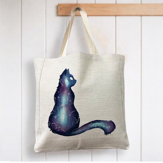 猫の銀河の星座 - 再利用可能なショッピングリネン風トートバッグ