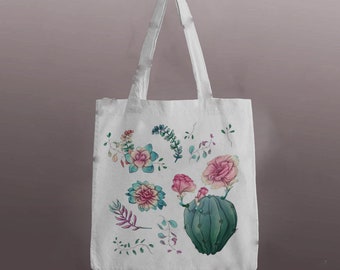 Cactus Succulent Flowers Illustration - Reuseable Shopping Canvas Tote Bag