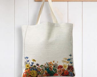 Wild Flower Feld Blumen Illustration - Wiederverwendbare Einkaufs Einkaufsleinen Look Einkaufstasche