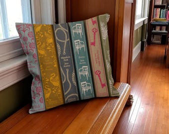 Jane Austen Book Cushion Cover 40x40cm Linen Look Pillow, Literary Book Lover Gift, Vintage Book Stack Cushion, Reading Nook Decor