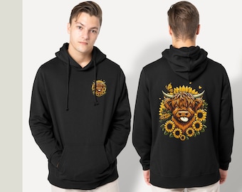 Highland Cow Słoneczniki Bydło Kreskówkowy motyl Serca - Bluza z kapturem Unisex Top Odzież Damska Męska