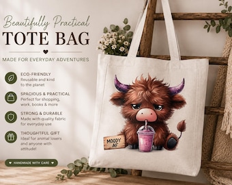 Moody AF Highland Cow Tote Bag | Funny Highland Cow Gift | Cute Cow Shopping Bag | Reusable Linen Look Tote | Scottish Cow Lover Gift