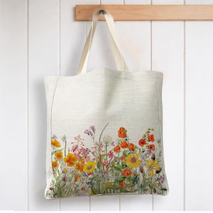 Illustration florale des champs de fleurs sauvages - Tote bag réutilisable d'aspect lin