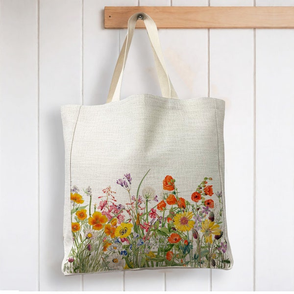 Wild Flower Field Floral Illustration  - Reusable Shopping Linen Look Tote Bag