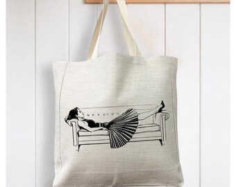 Art deco girl on sofa - Reusable Shopping Linen Look Tote Bag