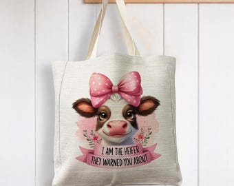 I'm the heifer they warned you about Cow Cattle - Reusable Shopping Linen Look Tote Bag