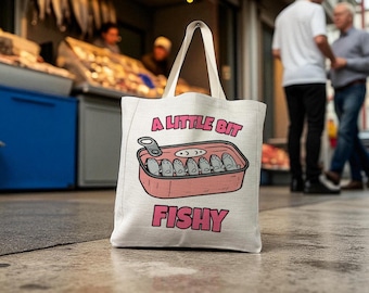 A Little Bit Fishy Tote Bag – Funny Linen Look Reusable Market Bag with Sardine Can Design