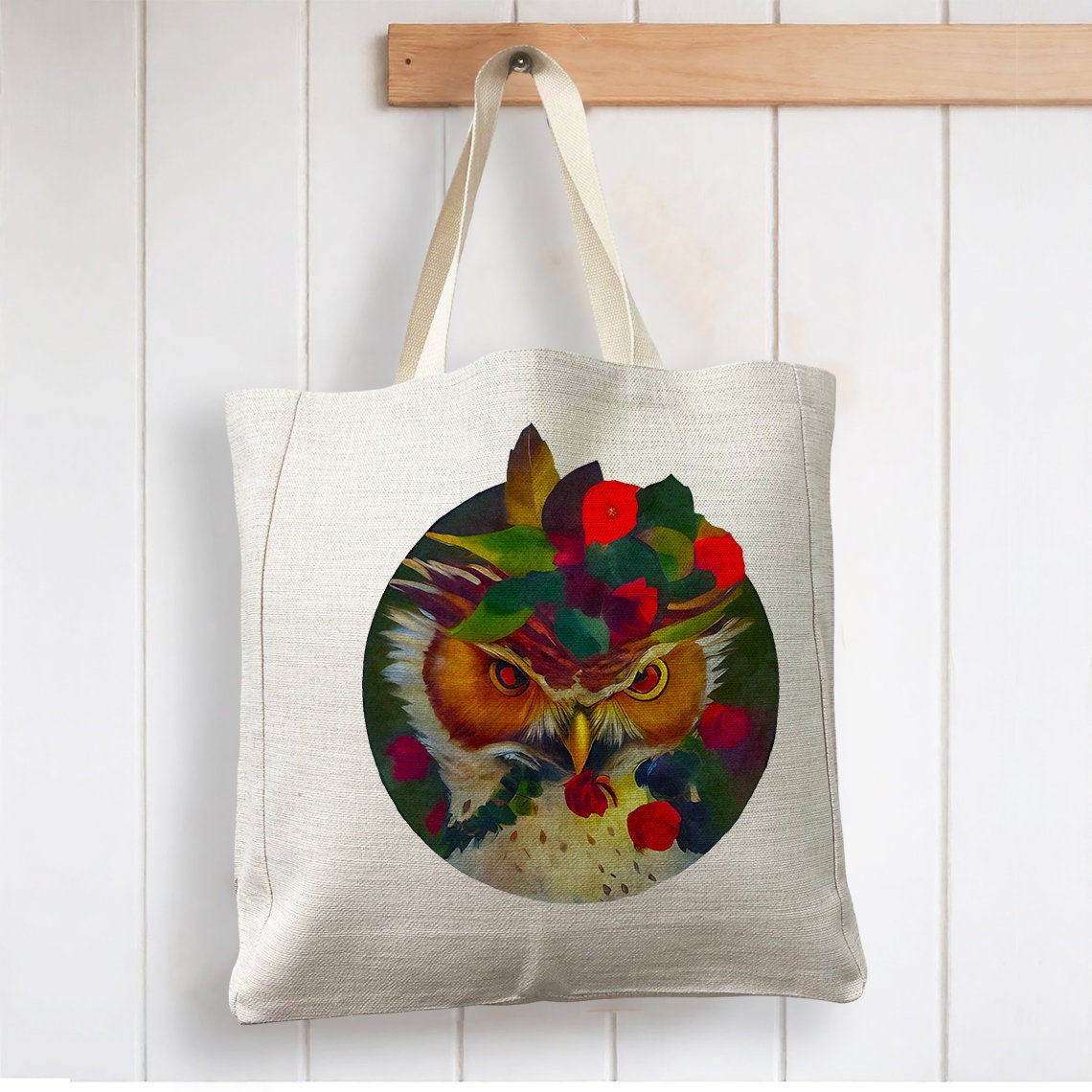 Scandinavian Nordic Owl Woodland Floral Flowers - Reusable Shopping Linen Look Tote Bag
