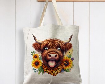 Highland Cow sunflowers Cartoon funny - Reusable Shopping Linen Look Tote Bag