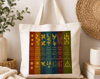 Harry Potter Books Tote Bag – Wizard Book Lover Gift – Linen Look Reusable Shopping Bag – Magical Reading Gift