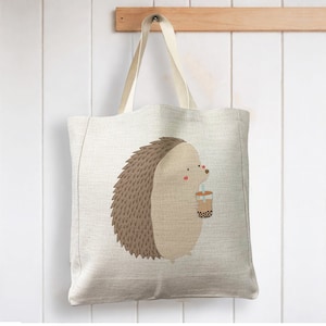 Hedgehog Coffee Cartoon Illustration Cute - Reusable Shopping Linen Look Tote Bag