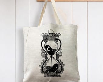 Hourglass Skull Times Night Moon - Reusable Shopping Linen Look Tote Bag