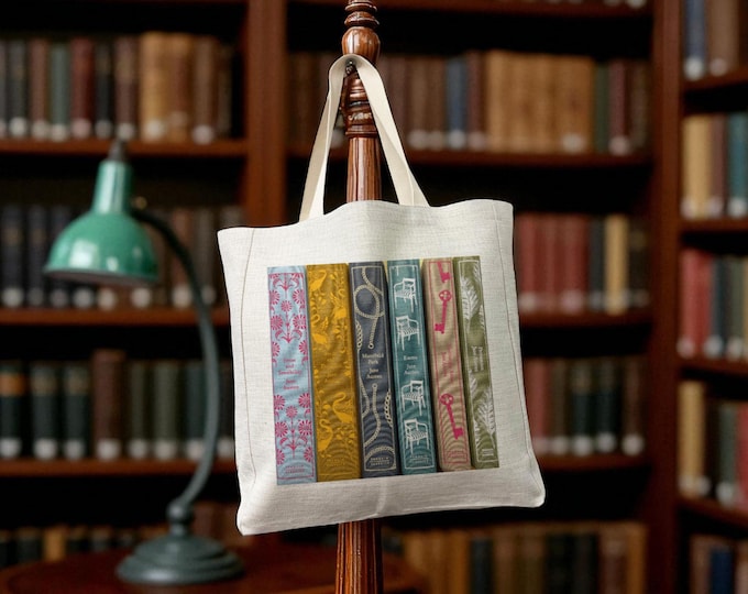 Jane Austen Book Spine Tote Bag – Linen Look Literary Tote for Book Lovers & Readers