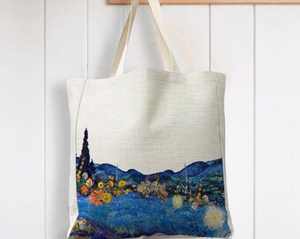 Vincent Van Gogh Starry Sky Sunflowers Flower Mix up Painting Reusable Shopping Linen Look Tote Bag