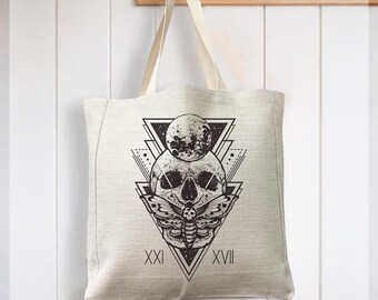Borsa tote riutilizzabile in lino con teschio scheletro, falena, luna e geometria