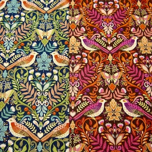 Makower UK Luxe Damask Birds 2612  In Fall Greens and Rust And/Or Pinks and Oranges With Metallic Gold Detailing