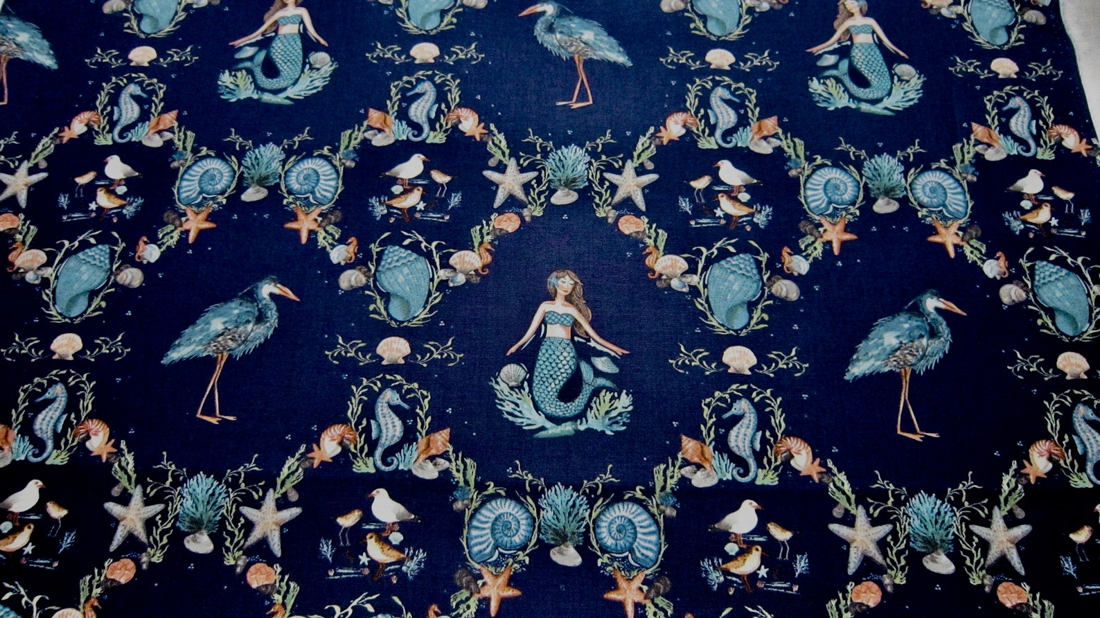 Navy Mermaid Cotton Fabric Called by the Seashore Designed by Etsy