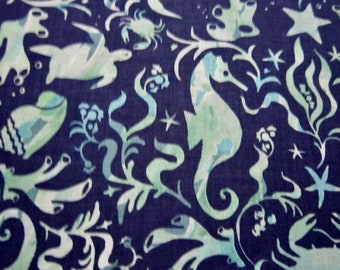 Navy Aqua Sea life Cotton Fabric Made By Clothworks By The Seashore Collection Designed By Ellen Crimi Trent