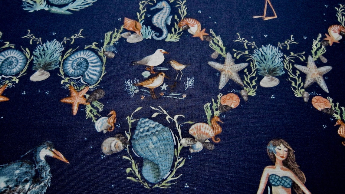 Navy Mermaid Cotton Fabric Called by the Seashore Designed by Etsy
