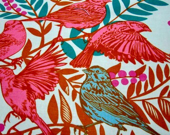 Free Spirit Aqua & Pink Bird Canary Cotton Fabric Called Visitation Designed By Anna Maria Bright Eyes Collection