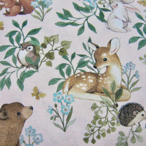 Dear Stella Pink Woodland Cotton Fabric Called "Forest Dreams" STELLA-DNS2506 with Bears Deer Squirrels Owls Rabbits Hedgehogs Foxes