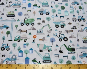 Dear Stella Light Blue Construction Vehicle Cotton Fabric Called Goal Diggers STELLA-D2985 Misty