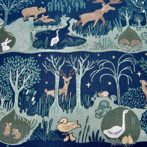 May include: A blue and green fabric with a repeating pattern of woodland animals, including deer, rabbits, and birds. The fabric has a whimsical and charming design, perfect for crafting projects.